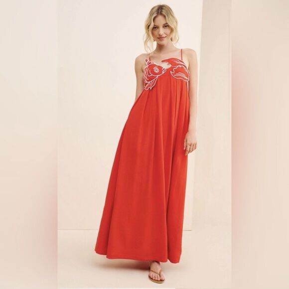 Farm Rio Dresses & Skirts - FARM Rio Red Maxi Dress with Fish Embroidery